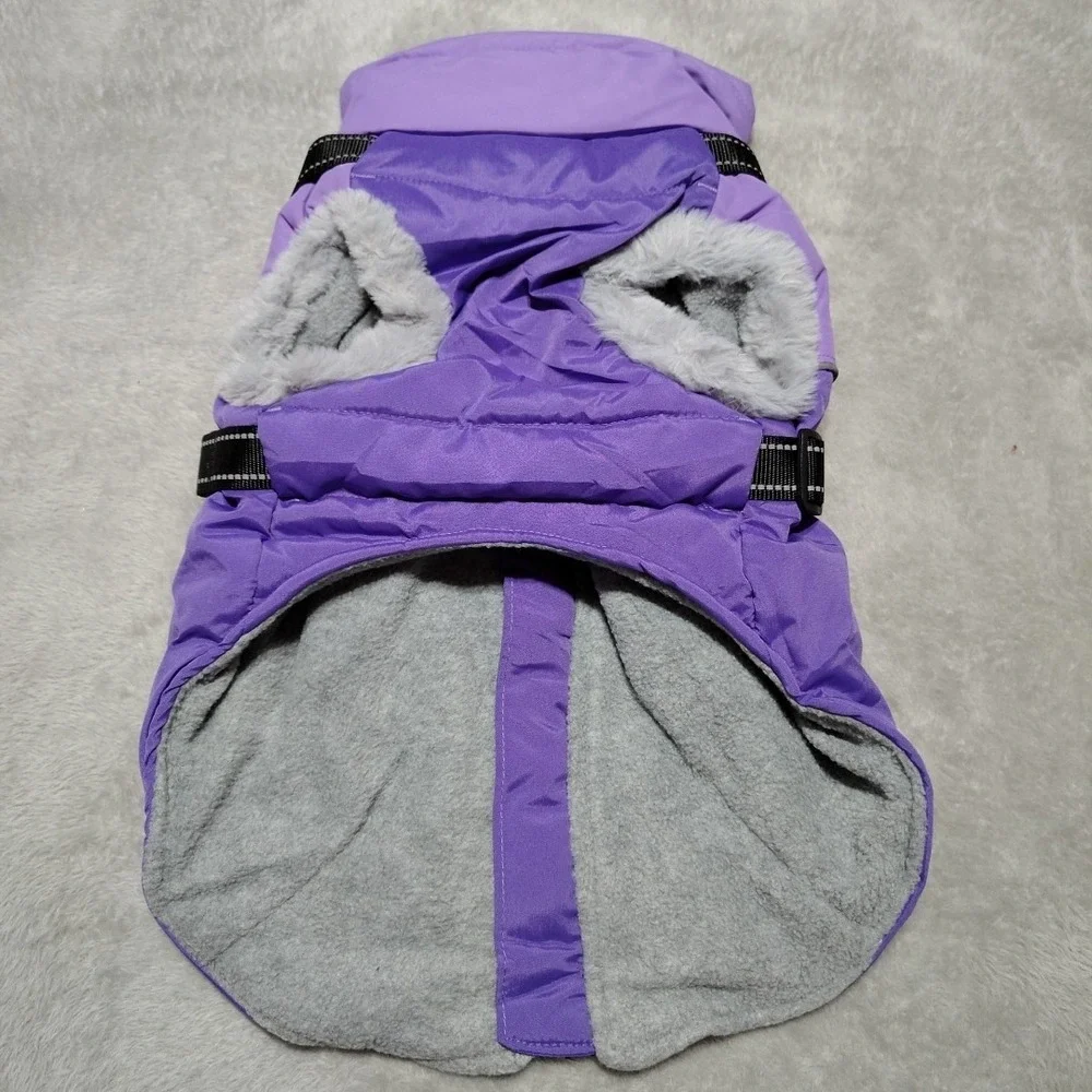Pet Dog Jacket M W/Harness Purple Winter Warm Clothes Waterproof Faux Fur
